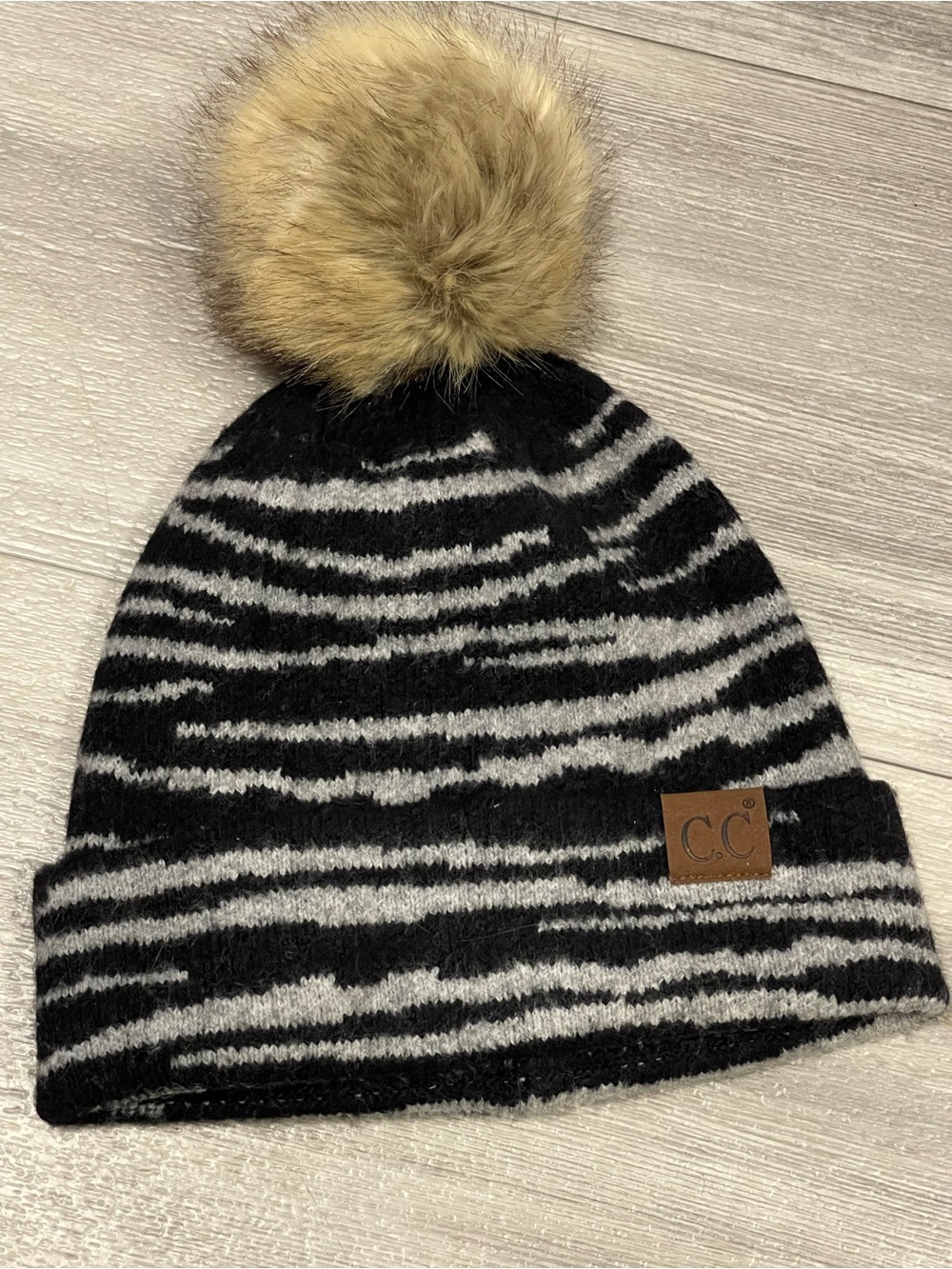 C.C Black & Gray Striped Beanie with Tan Pom